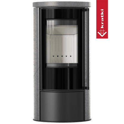 Kratki Piec stalowy ERIK Ø 150 5,5 kW ozdobna ceramika akumulacyjna GRAY SATIN pokrywa ceramiczna