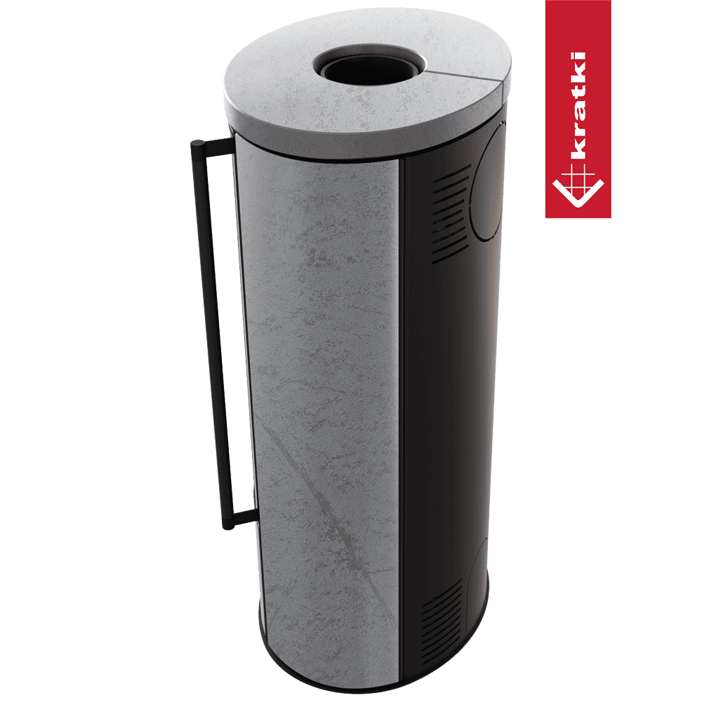 Kratki Piec stalowy ERIK Ø 150 5,5 kW ozdobna ceramika akumulacyjna GRAY SATIN pokrywa ceramiczna; czarny termotec