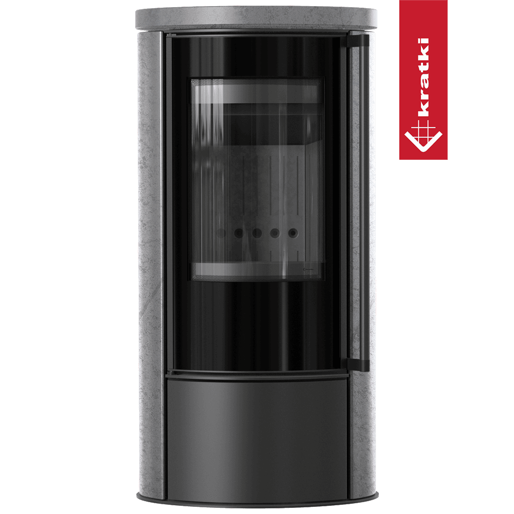 Kratki Piec stalowy ERIK Ø 150 5,5 kW ozdobna ceramika akumulacyjna GREY SATIN pokrywa ceramiczna; czarny termotec z domykaniem