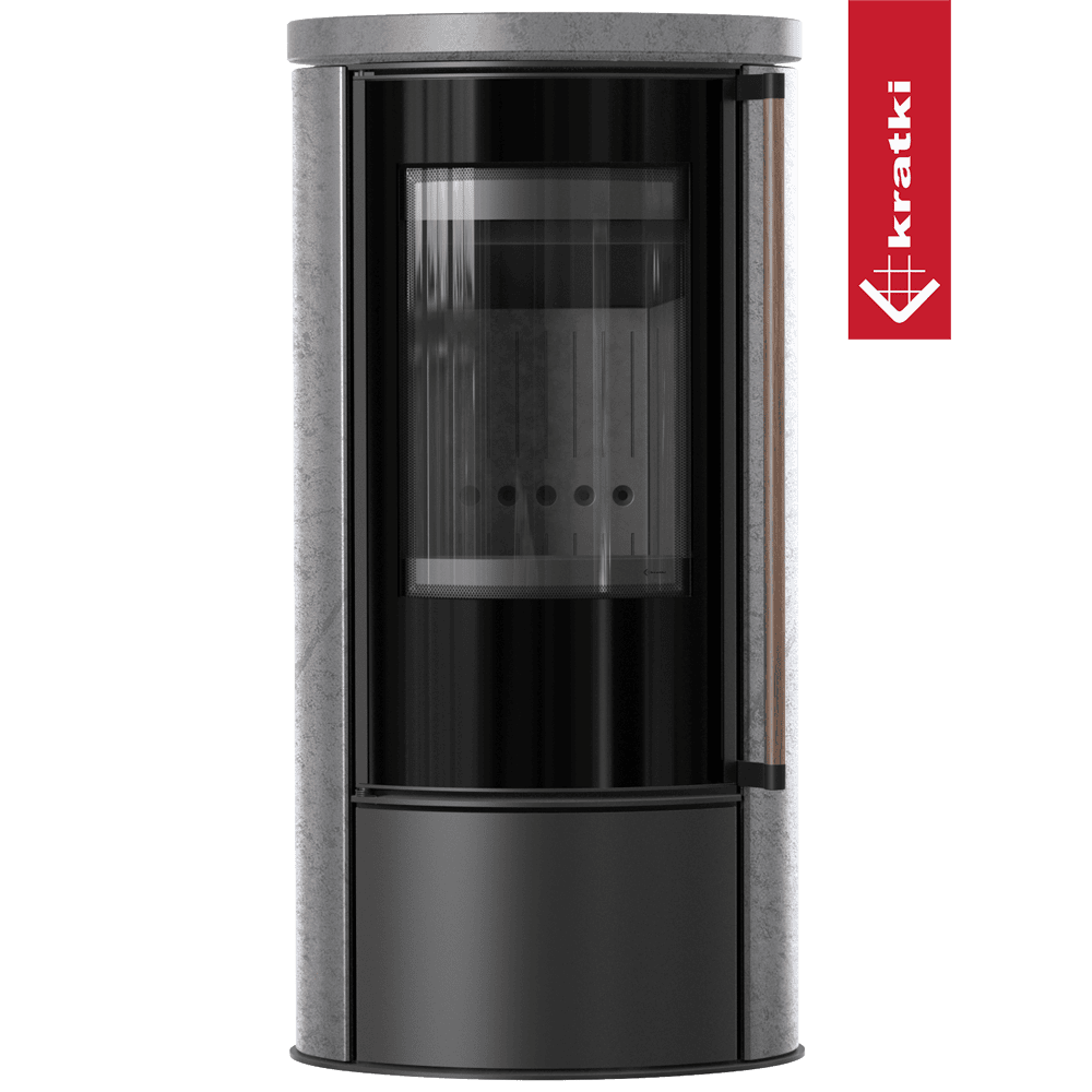 Kratki Piec stalowy ERIK Ø 150 5,5 kW ozdobna ceramika akumulacyjna GREY SATIN pokrywa ceramiczna; czarny termotec; z domykaniem; klamka z drewna egzotycznego Jatoba