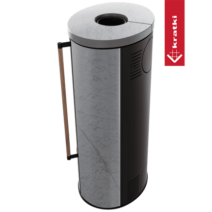 Kratki Piec stalowy ERIK Ø 150 5,5 kW ozdobna ceramika akumulacyjna GREY SATIN pokrywa ceramiczna; czarny termotec; z domykaniem; klamka z drewna egzotycznego Jatoba