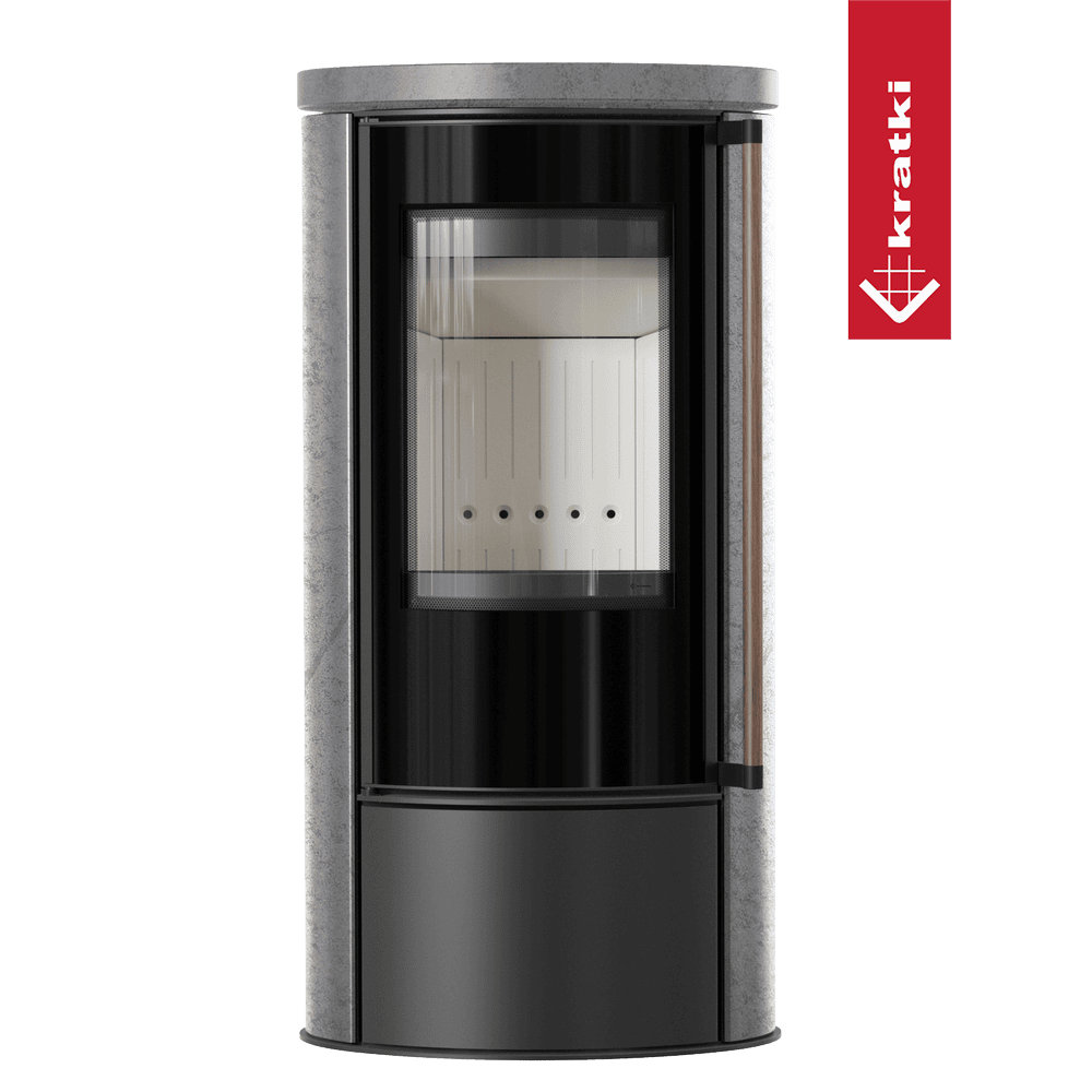 Kratki Piec stalowy ERIK Ø 150 5,5 kW ozdobna ceramika akumulacyjna GRAY SATIN pokrywa ceramiczna; klamka z drewna egzotycznego Jatoba