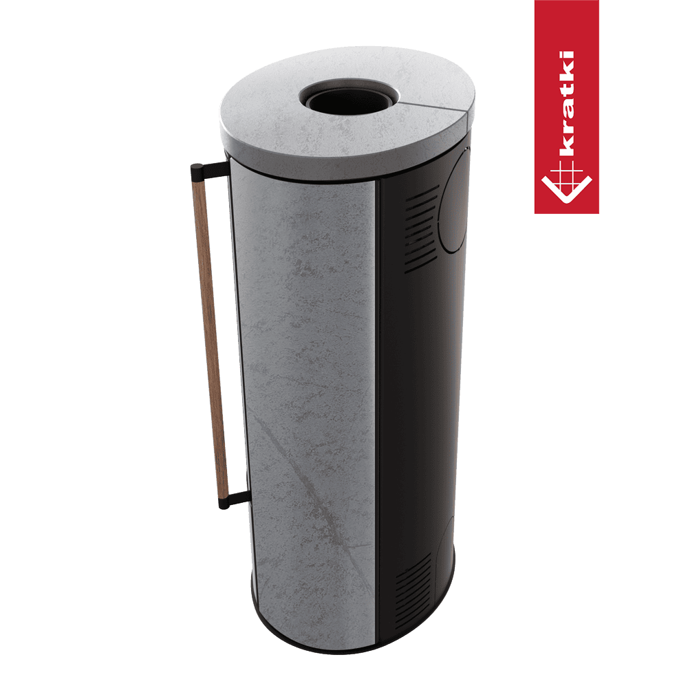 Kratki Piec stalowy ERIK Ø 150 5,5 kW ozdobna ceramika akumulacyjna GRAY SATIN pokrywa ceramiczna; klamka z drewna egzotycznego Jatoba