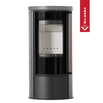 Kratki Piec stalowy ERIK Ø 150 5,5 kW ozdobna ceramika akumulacyjna GREY SATIN pokrywa ceramiczna; z domykaniem; klamka z drewna egzotycznego Jatoba