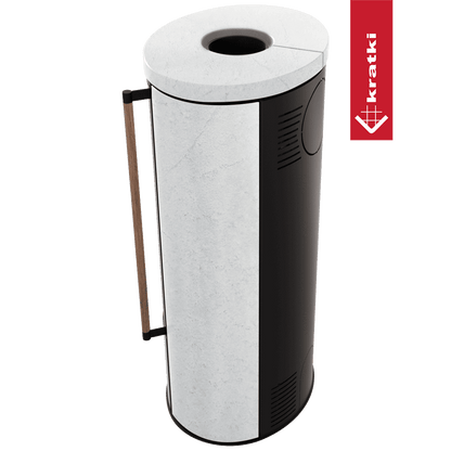 Kratki Piec stalowy ERIK Ø 150 5,5 kW ozdobna ceramika akumulacyjna WHITE NATURAL pokrywa ceramiczna; czarny termotec; z domykaniem; klamka z drewna egzotycznego Jatoba