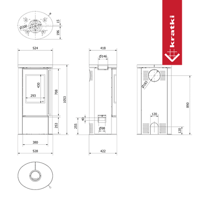 Kratki Piec stalowy ERIK Ø 150 5,5 kW ozdobna ceramika akumulacyjna WHITE NATURAL pokrywa ceramiczna; z domykaniem; klamka z drewna egzotycznego Jatoba