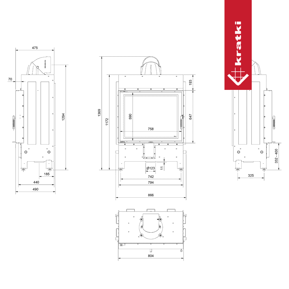 Kratki Kamineinsatz aus Stahl KRATKI LUCY 15 kW Ø 200 schwarz Verkleidung mit Türfeder