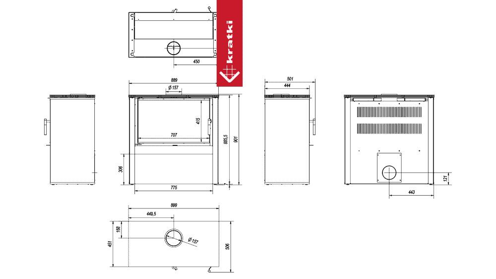 Kratki Kaminofen aus Stahl KRATKI JUNO 12 kW Ø 160 schwarzes Paneel