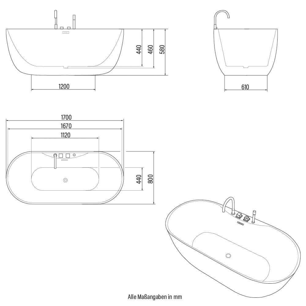 Home Deluxe Badewanne mit schwarzer Armatur LENI - 170 x 80 cm