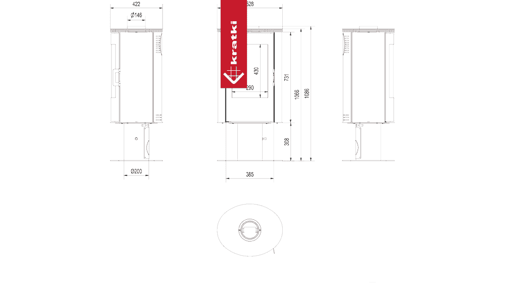 Kratki Kachelofen aus stahl KRATKI AB S/N/DR mit Standfuss Ø 150 8 kW rot Kachel