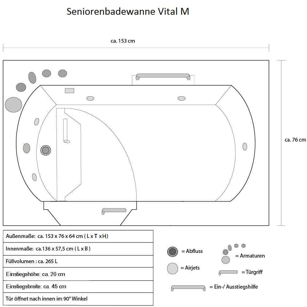Home Deluxe Seniorenbadewanne liegend mit Whirlpoolfunktion VITAL M -  153 x 76 cm Links