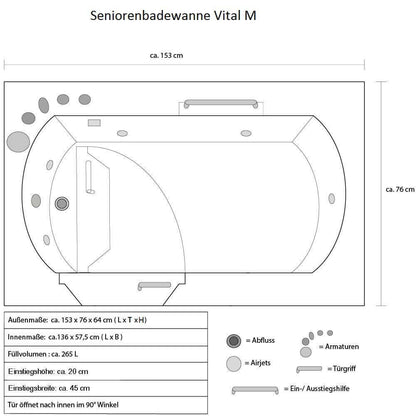 Home Deluxe Seniorenbadewanne liegend mit Whirlpoolfunktion VITAL M -  153 x 76 cm Links