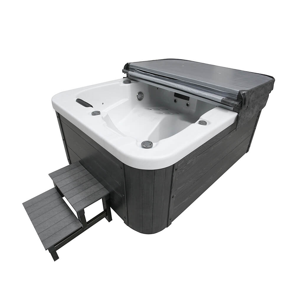 Home Deluxe Outdoor Whirlpool mit Treppe und Thermoabdeckung WHITE MARBLE - 210 x 160 cm für 3 Personen