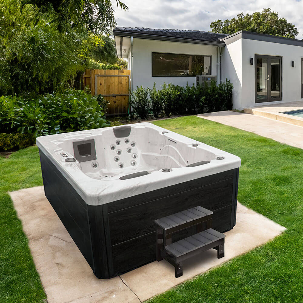 Home Deluxe Outdoor Whirlpool mit Treppe und Thermoabdeckung WHITE MARBLE - 210 x 160 cm für 3 Personen