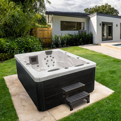 Home Deluxe Outdoor Whirlpool mit Treppe und Thermoabdeckung WHITE MARBLE - 210 x 160 cm für 3 Personen