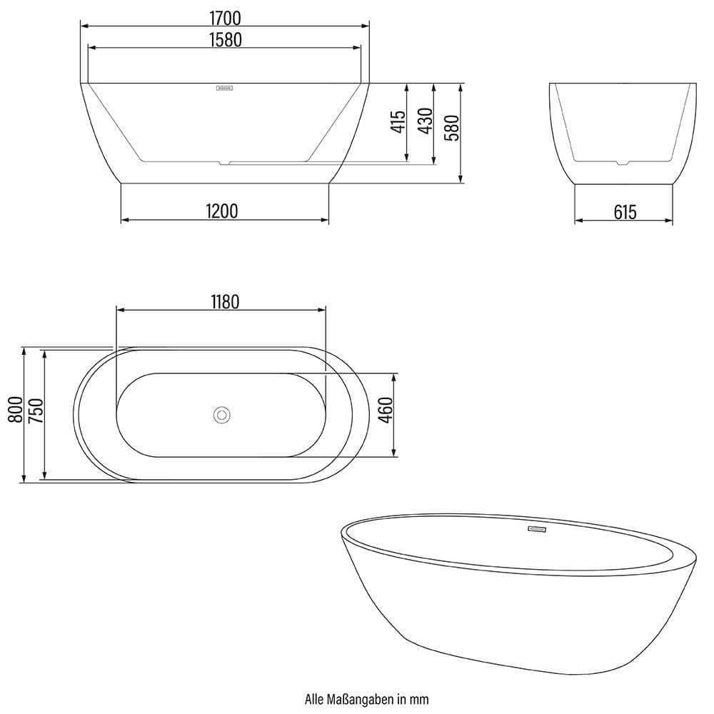 Home Deluxe Freistehende Badewanne CODO - 170 x 80 cm Schwarz