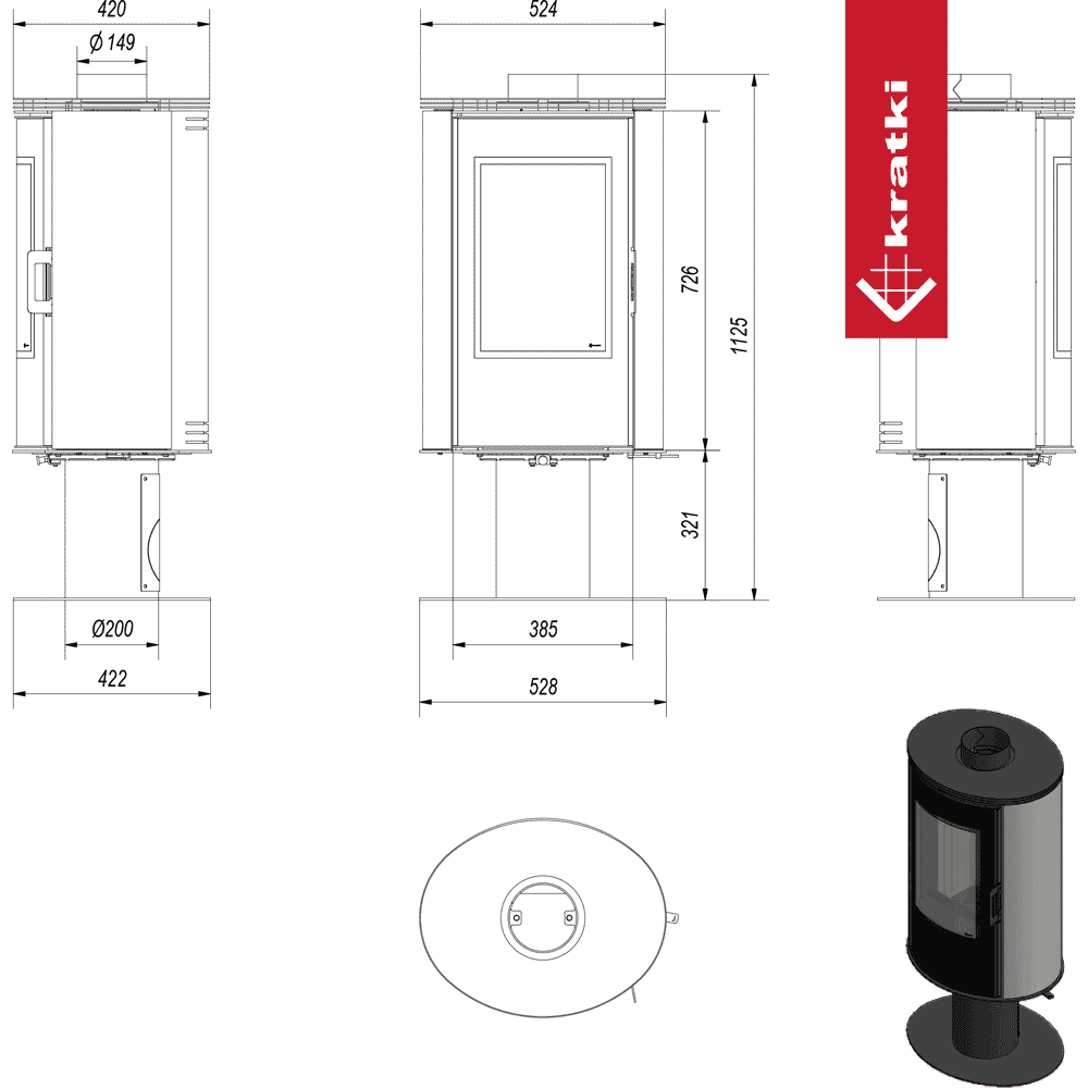 Kratki Kachelofen aus stahl drehbar KRATKI AB S/N/O/DR/GLASS Ø 150 8 kW schwarz