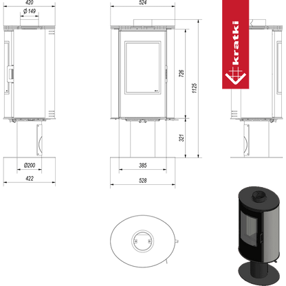 Kratki Kachelofen aus stahl drehbar KRATKI AB S/N/O/DR/GLASS Ø 150 8 kW schwarz