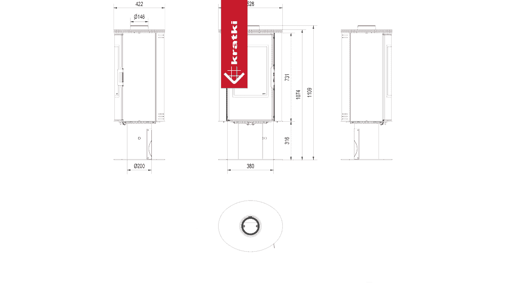 Kratki Kachelofen aus stahl drehbar KRATKI AB S/N/O/DR/GLASS Ø 150 8 kW schwarz