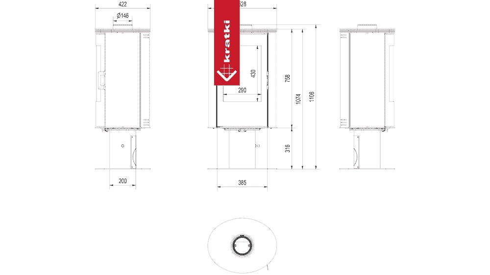 Kratki piec wolnostoj? cy Koza AB STAL DR NOGA OBROTOWA GLASS z wylotem spalin fi 150 czarny termotec