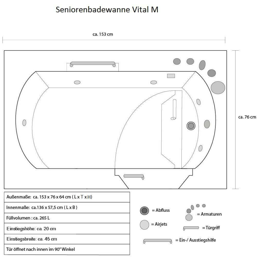 Home Deluxe Seniorenbadewanne liegend mit Whirlpoolfunktion VITAL M -  153 x 76 cm Rechts