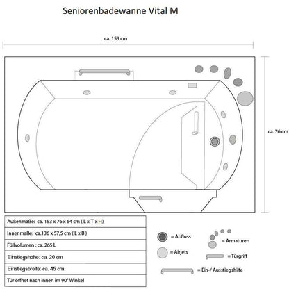 Home Deluxe Seniorenbadewanne liegend mit Whirlpoolfunktion VITAL M -  153 x 76 cm Rechts