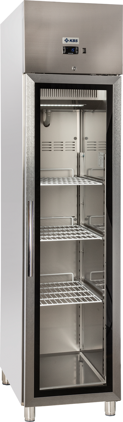 KBS Gastrotechnik Edelstahl Gewerbekühlschrank mit Glastür KU 356 G