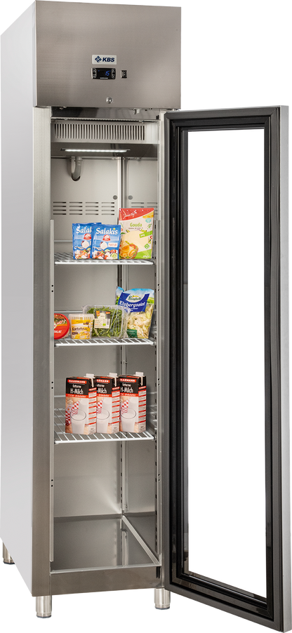 KBS Gastrotechnik Edelstahl Gewerbekühlschrank mit Glastür KU 356 G