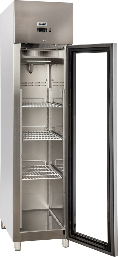 KBS Gastrotechnik Edelstahl Gewerbekühlschrank mit Glastür KU 356 G