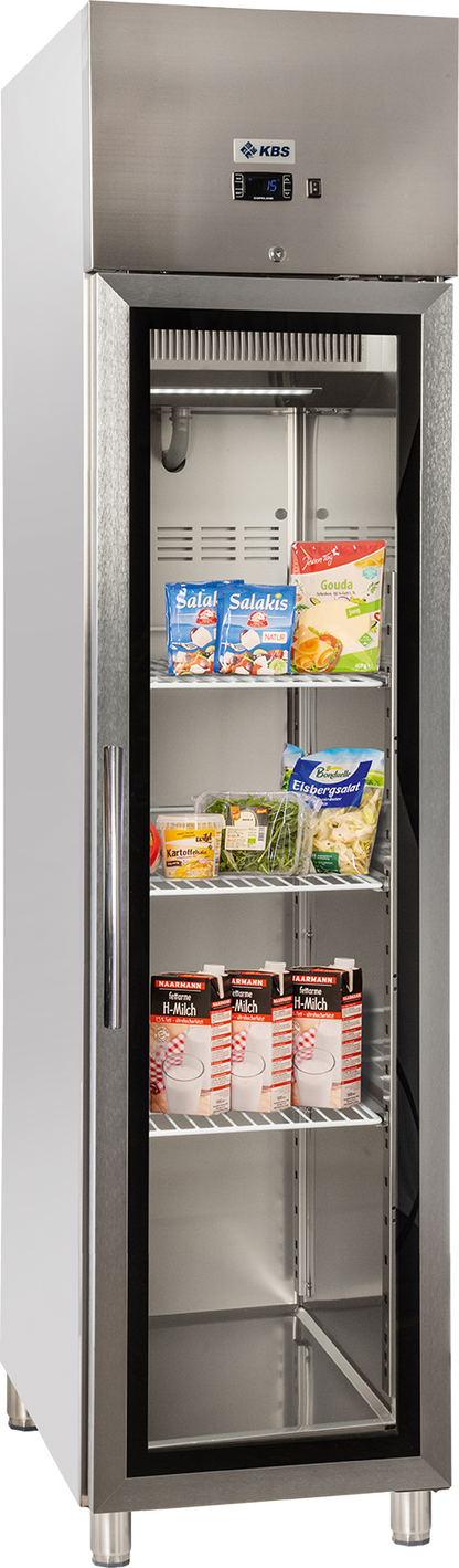 KBS Gastrotechnik Edelstahl Gewerbekühlschrank mit Glastür KU 356 G