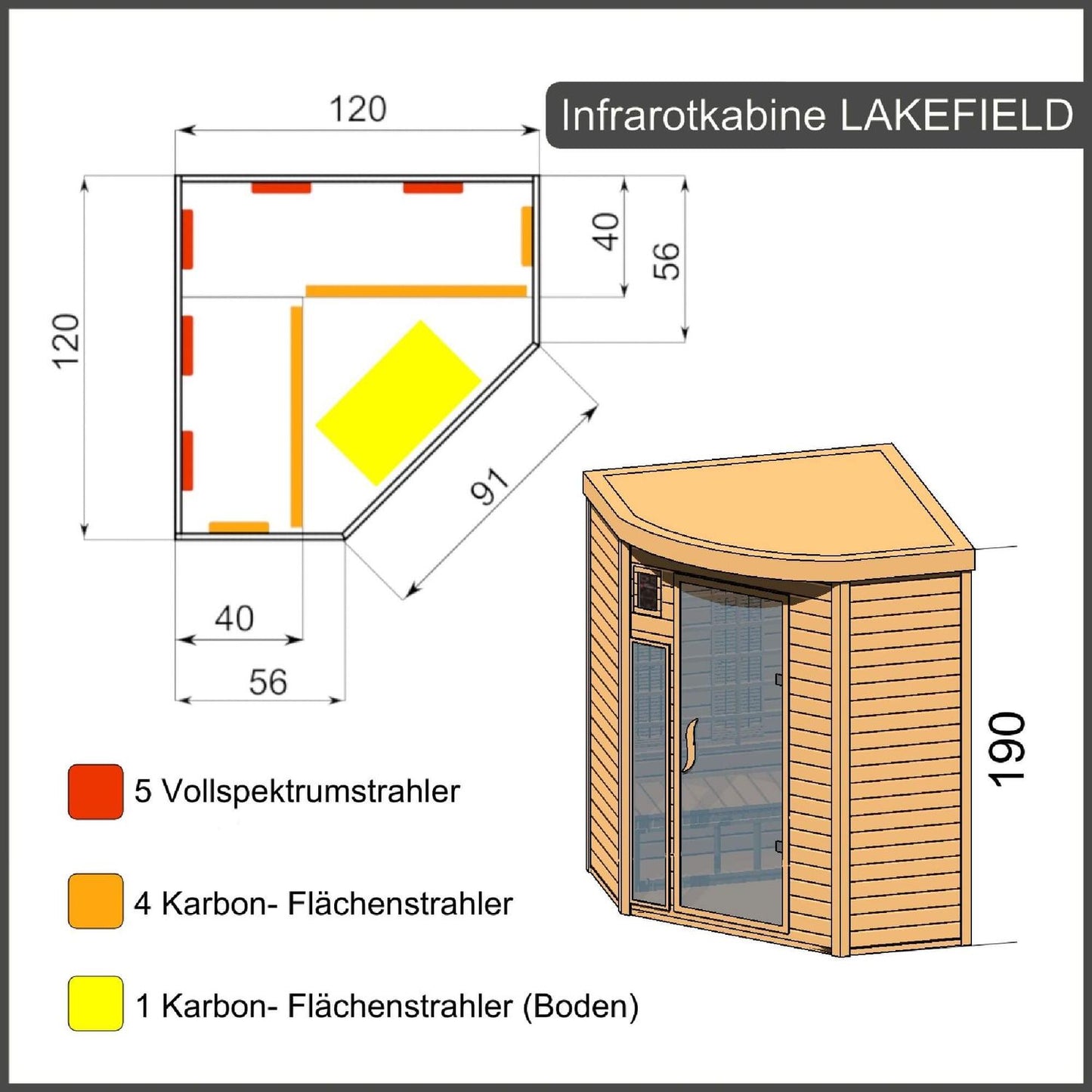 Dewello Infrarotkabine LAKEFIELD 120x120 Dual-Therm bei TroniTechnik