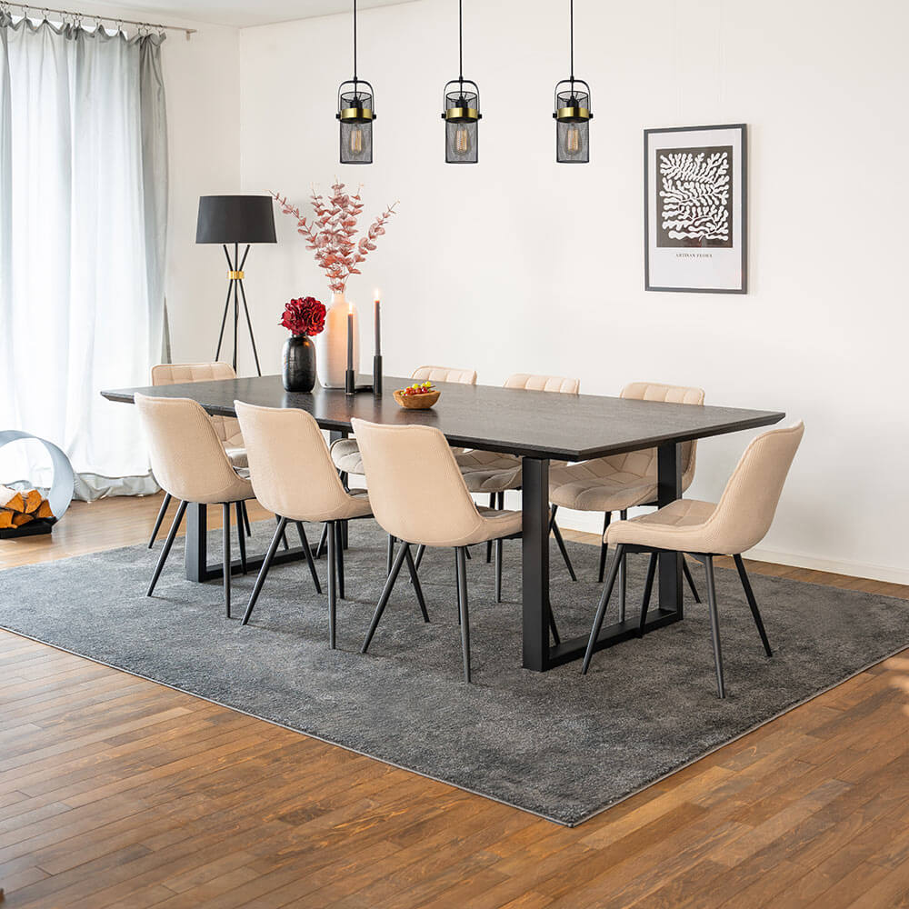 Home Deluxe Essgruppe Eckig AVENCIA inkl. U-Fuß - 240 x 120 cm Dark Oak 8 Stühle Creme