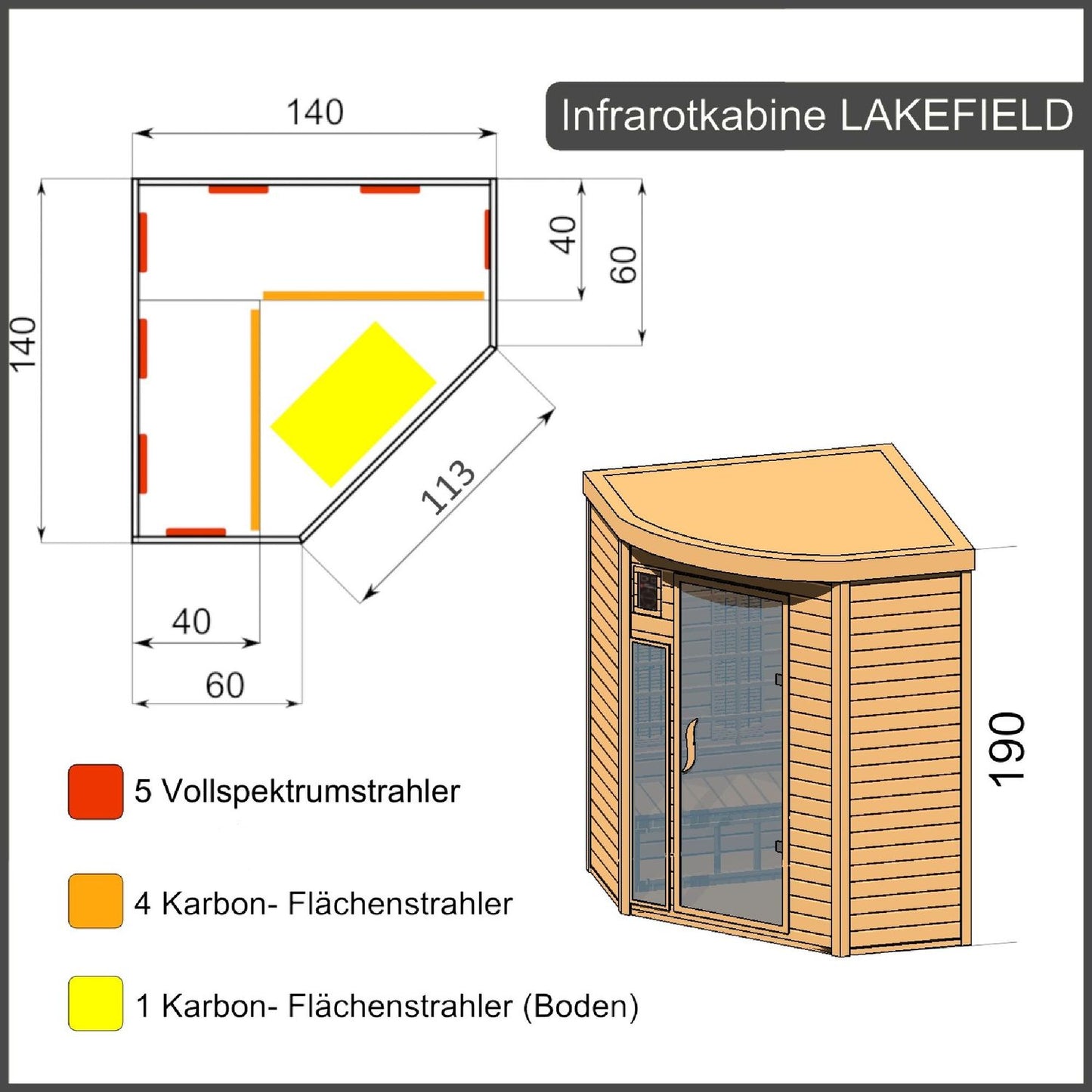 Dewello Infrarotkabine LAKEFIELD 140x140 Dual-Therm bei TroniTechnik
