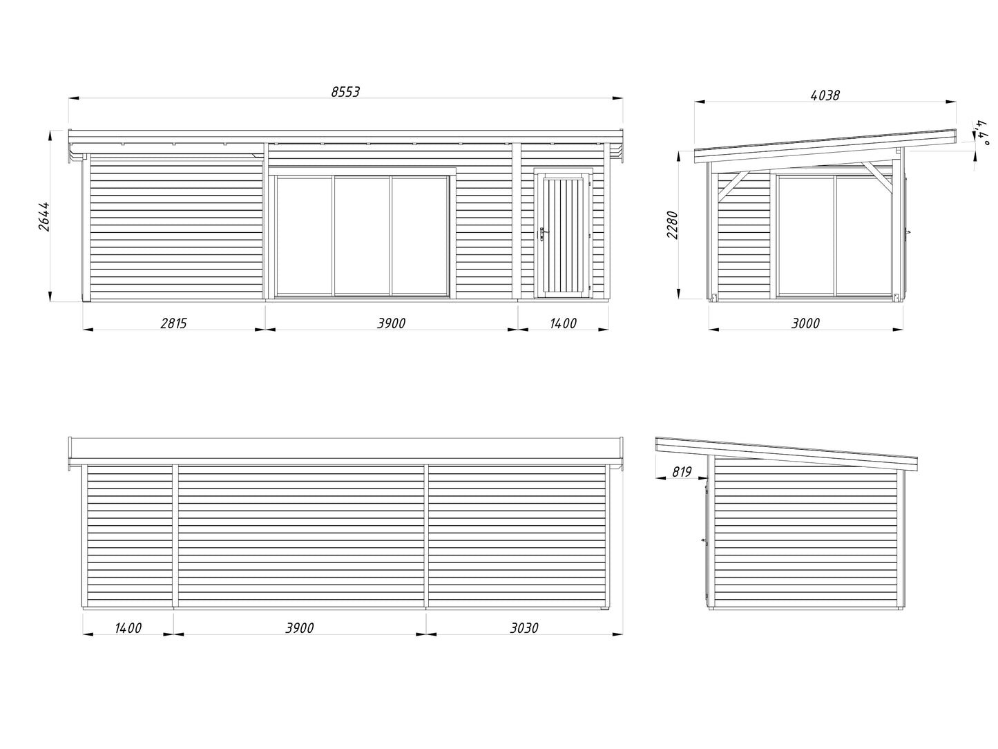Palmako Andrea 15,2+7,9 m2 Slide - Lackiert hellgrau RAL7042 + anthrazit RAL7016