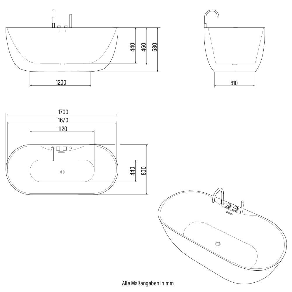 Home Deluxe Badewanne mit Armatur LENI - 170 x 80 cm