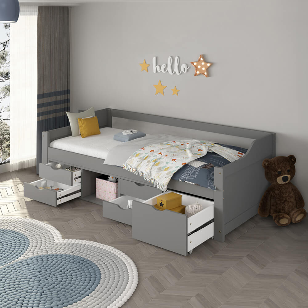Home Deluxe Kinderbett COSMOS mit Schubladen und Matratze - 90 x 200 cm Grau