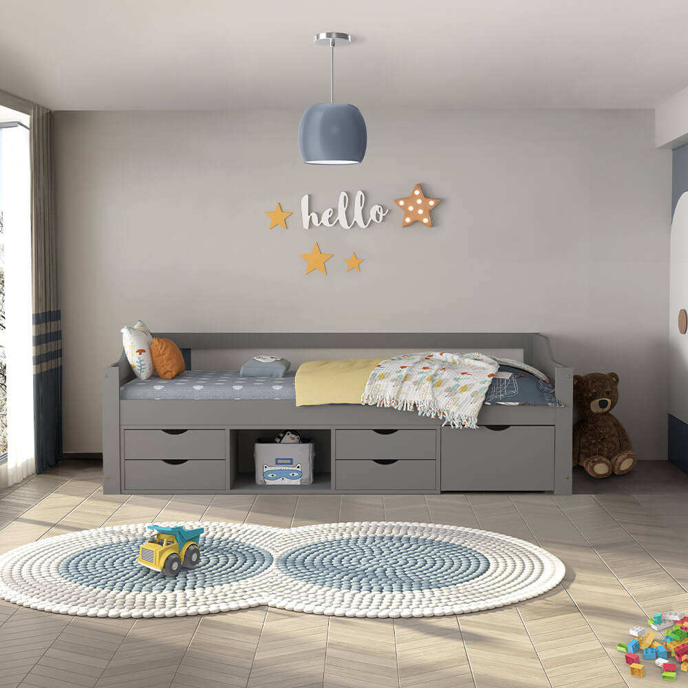 Home Deluxe Kinderbett COSMOS mit Schubladen und Matratze - 90 x 200 cm Grau