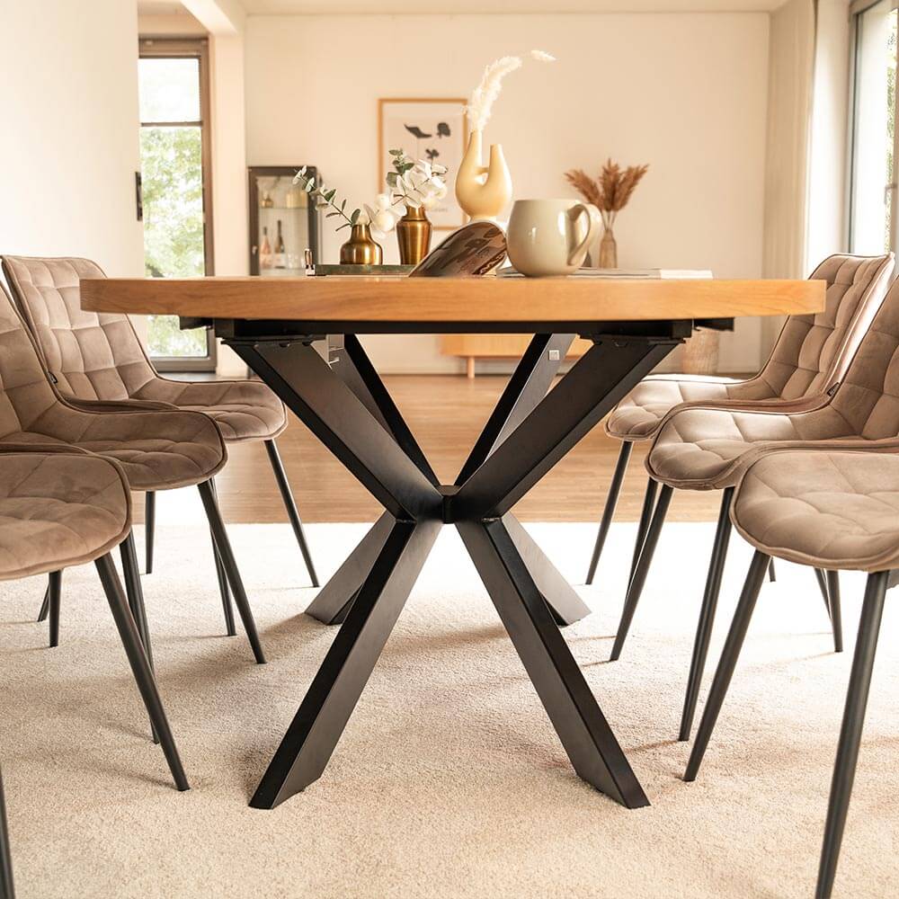 Home Deluxe Essgruppe Oval Ausziehbar inkl. Sternfuß - 160 x 100 cm Light Oak 8 Stühle Hellgrau