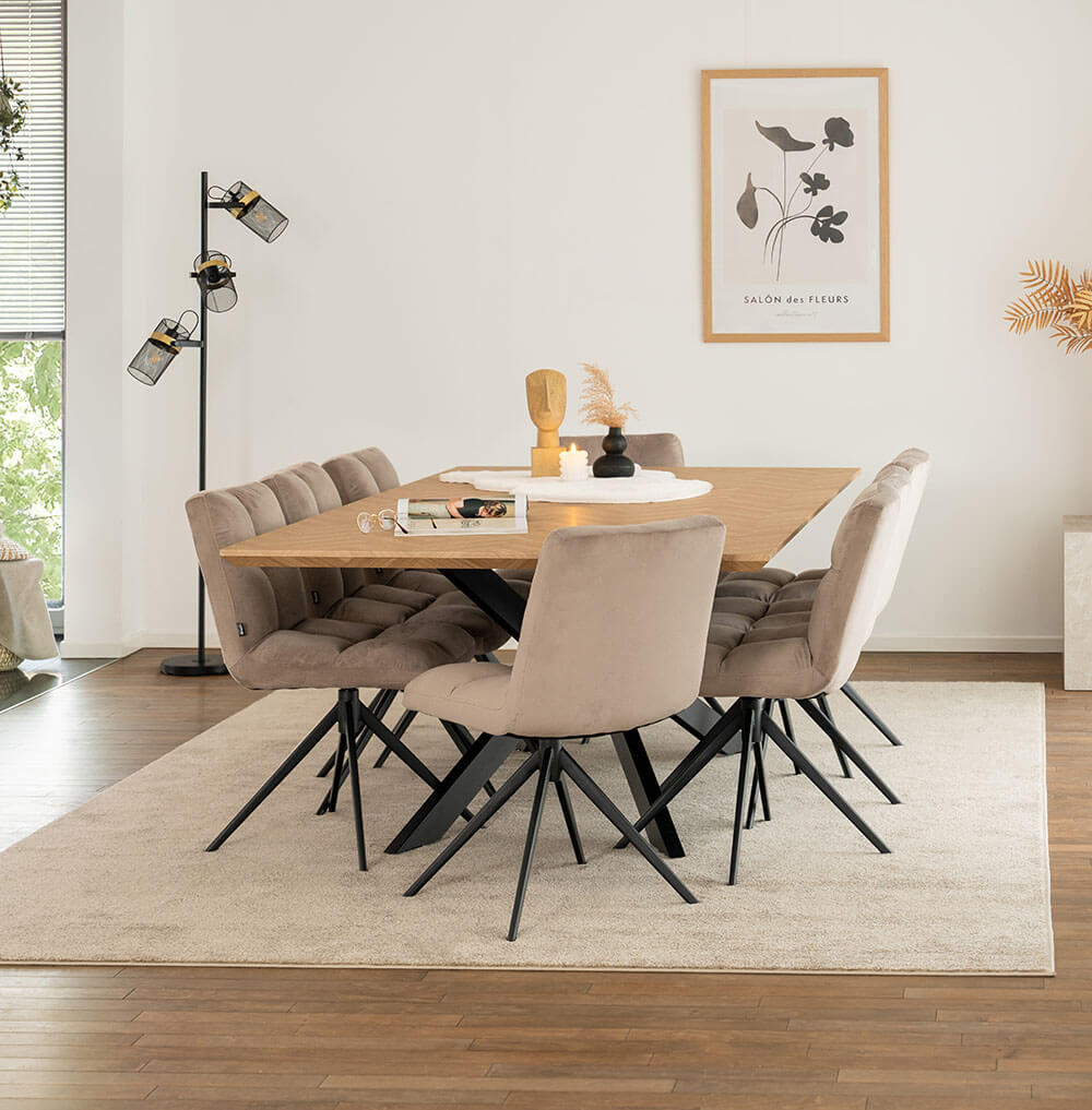Home Deluxe Essgruppe Eckig AVENCIA inkl. Sternfuß - 200 x 120 cm Fishbone Oak 8 Stühle Hellbraun