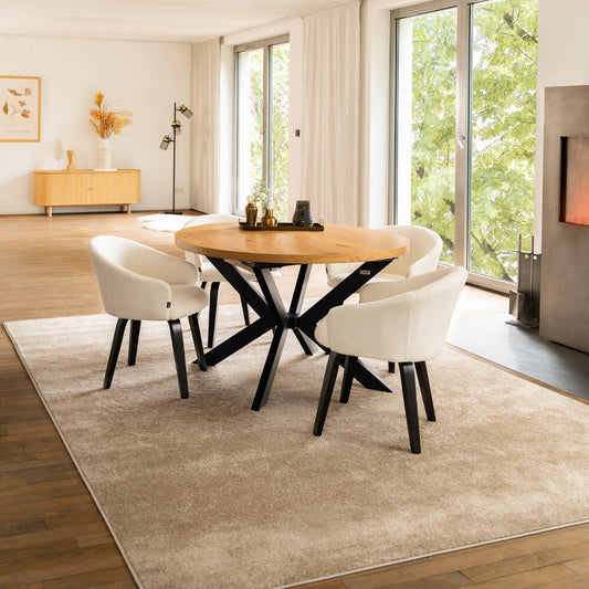 Home Deluxe Essgruppe Rund Ausziehbar AVENTURA inkl. Sternfuß - 120-160 x 120 cm Light Oak 4 Stühle Bouclé Weiß