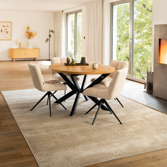 Home Deluxe Essgruppe Rund Ausziehbar AVENTURA inkl. Sternfuß - 120-160 x 120 cm Light Oak 4 Stühle Creme