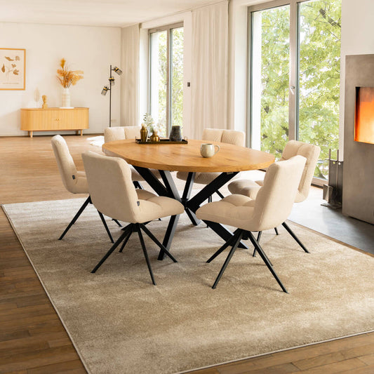 Home Deluxe Essgruppe Rund Ausziehbar AVENTURA inkl. Sternfuß - 120-160 x 120 cm Light Oak 6 Stühle Creme