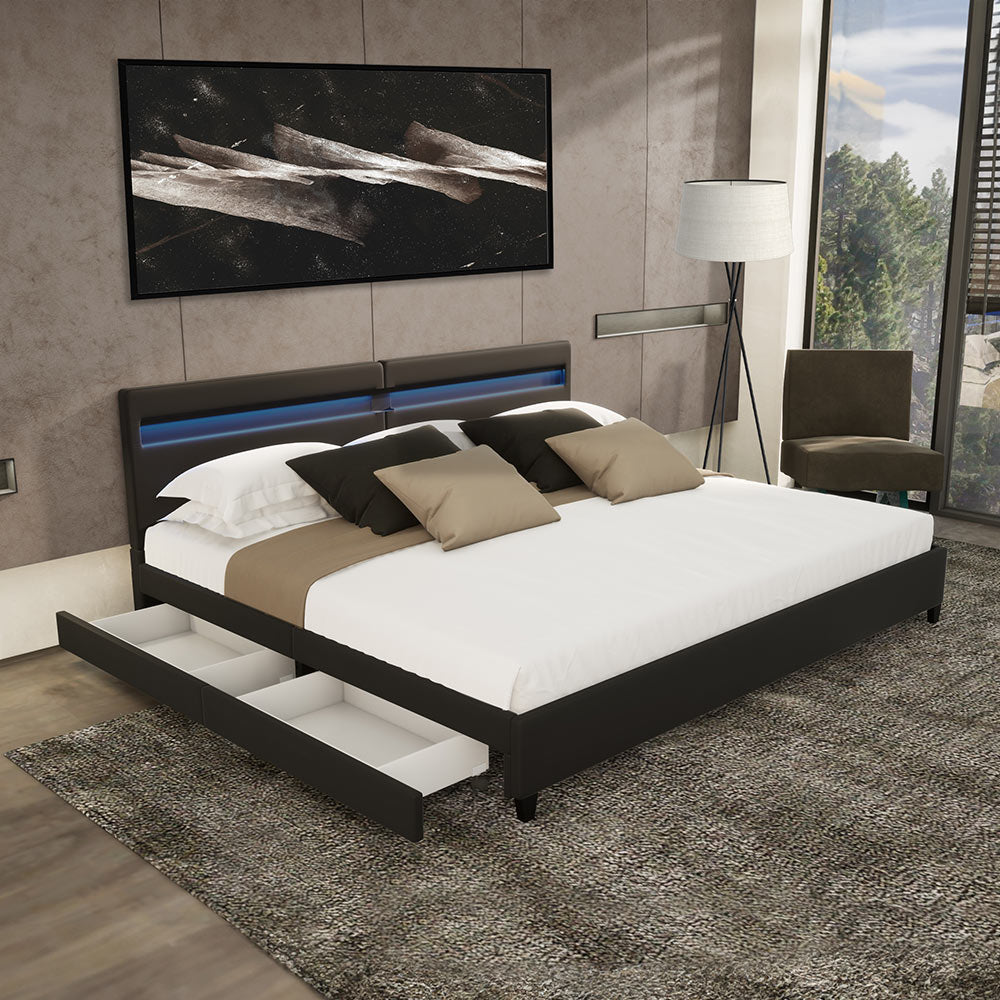 Home Deluxe LED Bett mit Schubladen NUBE - 200 x 200 cm ohne Matratze Schwarz