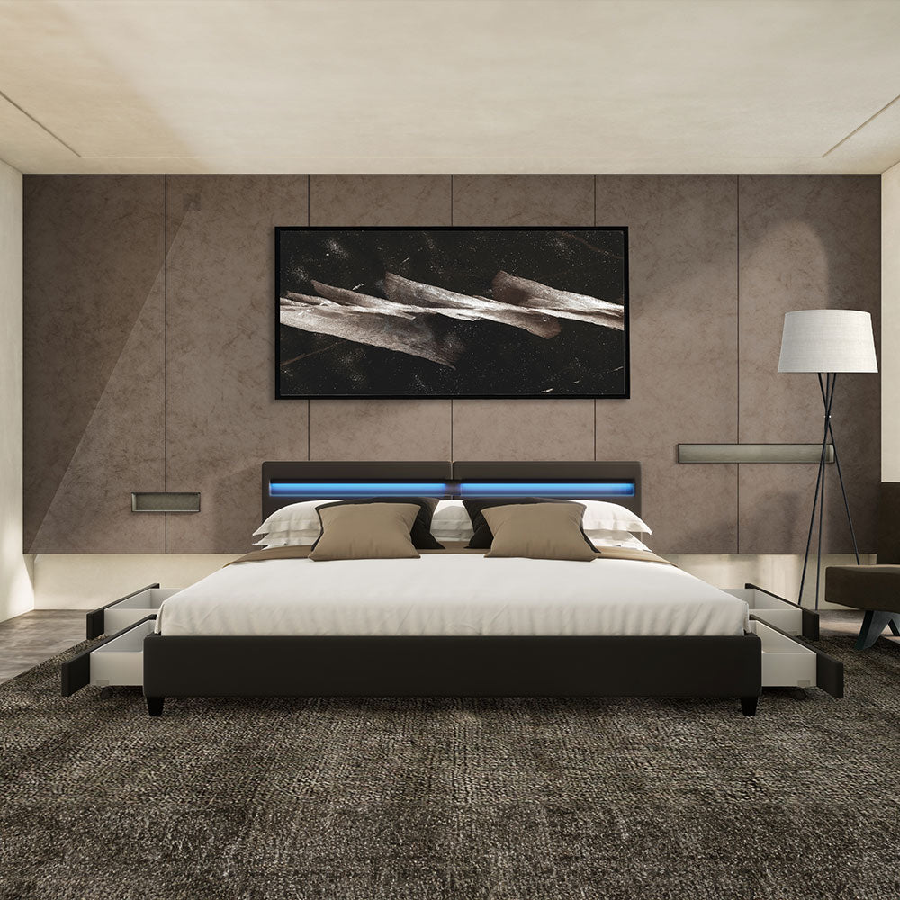 Home Deluxe LED Bett mit Schubladen NUBE - 200 x 200 cm mit Matratze Schwarz