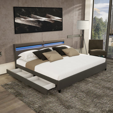 Home Deluxe LED Bett mit Schubladen NUBE - 200 x 200 cm mit Matratze Dunkelgrau