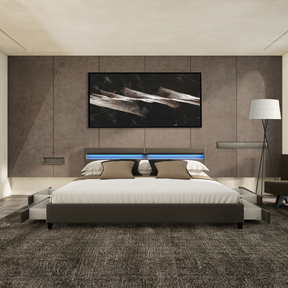 Home Deluxe LED Bett mit Schubladen NUBE - 200 x 200 cm ohne Matratze Dunkelgrau