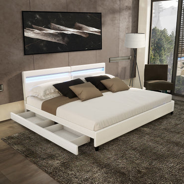 Home Deluxe LED Bett mit Schubladen NUBE - 200 x 200 cm ohne Matratze Weiß