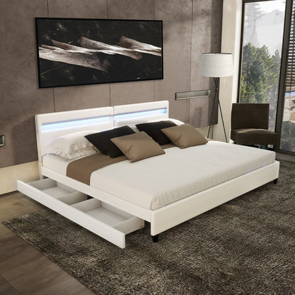 Home Deluxe LED Bett mit Schubladen NUBE - 200 x 200 cm mit Matratze Weiß
