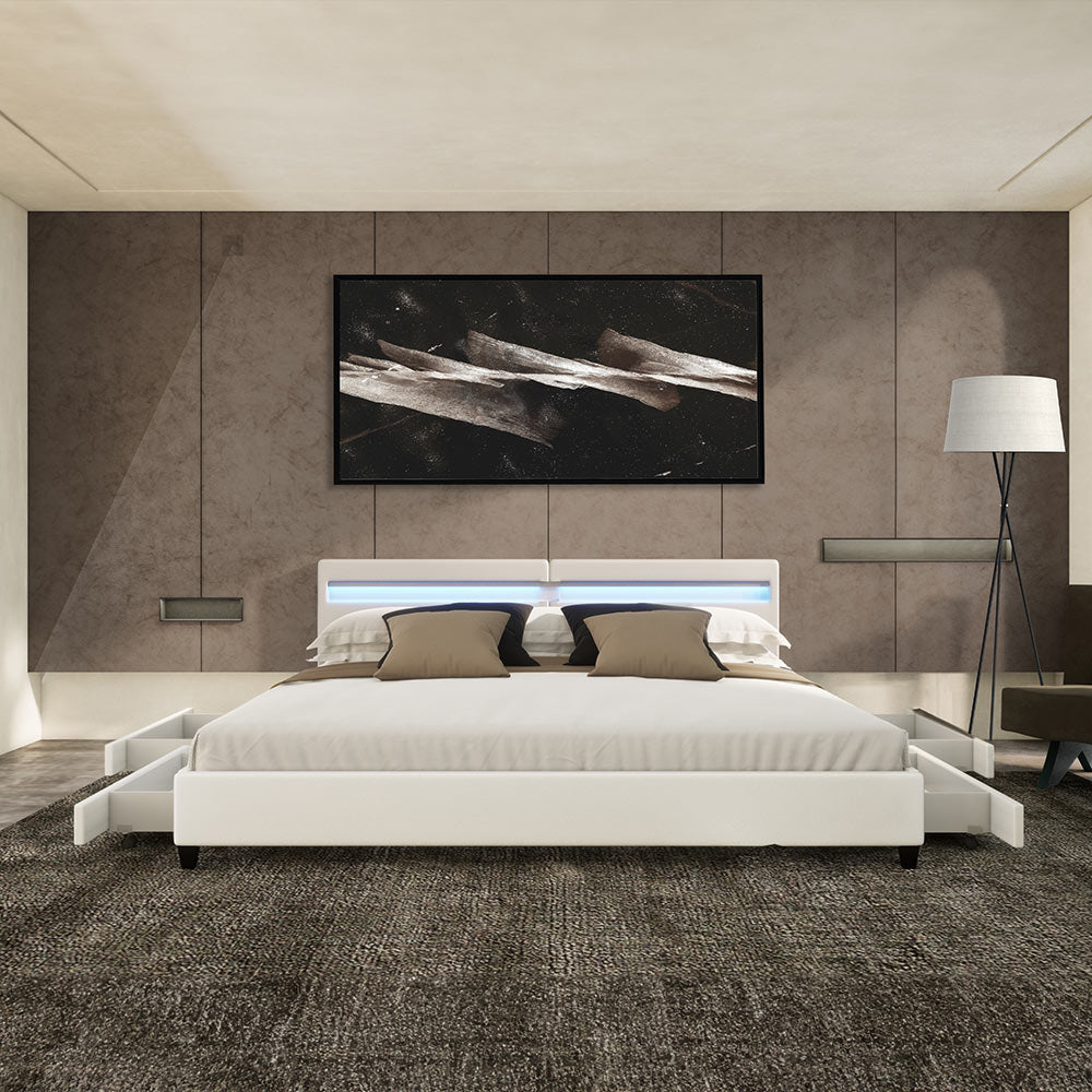 Home Deluxe LED Bett mit Schubladen NUBE - 200 x 200 cm mit Matratze Weiß