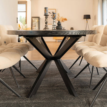 Home Deluxe Essgruppe Rund Ausziehbar AVENTURA inkl. Sternfuß - 120-160 x 120 cm Dark Oak 4 Stühle Creme
